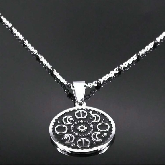 Moon Phase Medallion Waxing Waning Gibbous Crescent Full Astronomy Coin Necklace - Picture 5 of 7